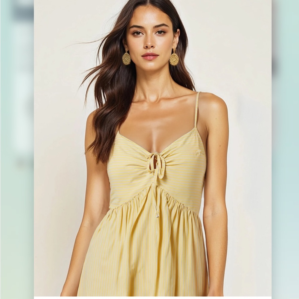 New York & Company Yellow Striped Bowtie Midi Sun Dress - Picture 2 of 6